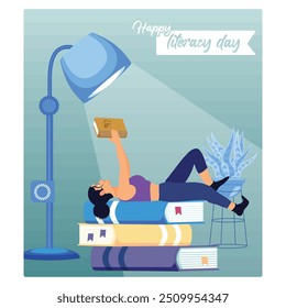 Young woman lying on a book. Read a book with a bright light. Happy Literacy Day concept. Flat vector illustration.