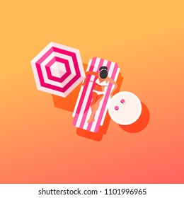 Young  woman lying on chaise longue under beach umbrella on vacation. Relaxation holiday, sunbathing and leisure, girl body. Vector illustration
