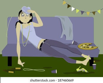 Young Woman Lying On A Couch With A Hangover After A Night Of Heavy Drinking, Vector Illustration