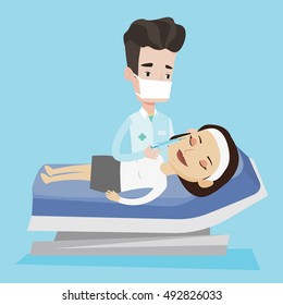 Young woman lying on the couch in beauty salon and getting cosmetic dermal injection in her face. Doctor making beauty injections to female client. Vector flat design illustration. Square layout.
