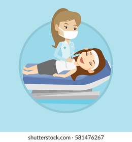 Young woman lying on the couch in beauty salon and getting cosmetic dermal injection. Doctor making beauty injections to a client. Vector flat design illustration in the circle isolated on background.