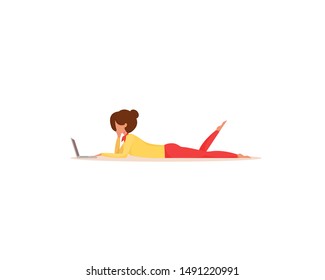 Young woman lying on floor using laptop. Online shopping. Work at home. Online education. Young woman surfing internet. Cartoon character, vector illustration