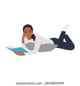 Young woman lying on a floor and reading a book. Flat vector illustration isolated on white background