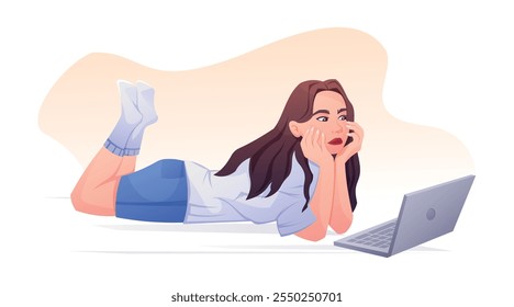 Young Woman Lying on the Floor and Using a Laptop. Relaxed and thoughtful character perfect for digital, educational, or creative concepts. Vector isolated cartoon illustration.