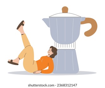 A young woman lying on the ground and leaning on a huge coffee pot or coffee maker. Beautiful funny coffee drinker girl, vector isolated flat illustration.