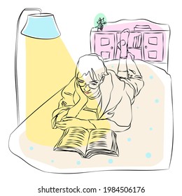 Young woman lying on her bed and reading a book. Quarantine, stay home concept. Girl relaxing in her apartment. Hand drawn line style colored vector illustration.