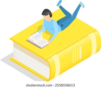 Young woman is lying on her stomach on top of a giant yellow book, engrossed in reading a smaller book, in an isometric perspective, symbolizing the joy and immersion in literature