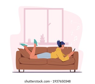 Young Woman Lying on Sofa with Smartphone in Hands Listen Music in Headphones, Relax at Home. Female Character Wearing Earphones Enjoying Sound Composition, Relaxing. Cartoon Vector Illustration