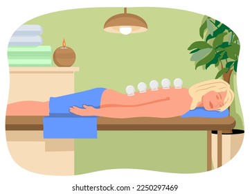 Young woman lying on sofa with closed eyes and cups on her back. Massage cup therapy concept. Natural healing spa. For health care, wellness, physiotherapy, ventosa therapy. Vector illustration.