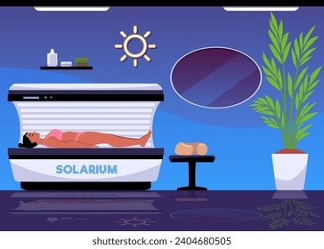 Young woman lying on Solarium sunbed, tanning booth. Lady getting artificial lamp tanning. Beauty spa salon procedure vector illustration. Cosmetic procedure equipment for changing color of skin