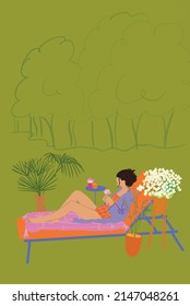 Young woman lying on sunbed sunbathing and enjoying nature at garden with flowers and trees on background. Vector illustration