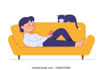 young woman lying on a yellow sofa with her hand holding a smartphone, a young woman relaxing in the house accompanied by her cat, character vector illustration