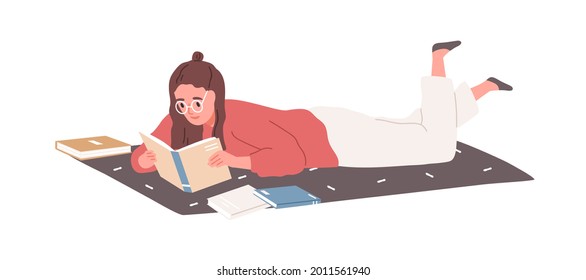 Young woman lying and reading books at home. Student studying and preparing for exam with textbooks. Female reader with literature. Flat vector illustration of bookworm isolated on white background