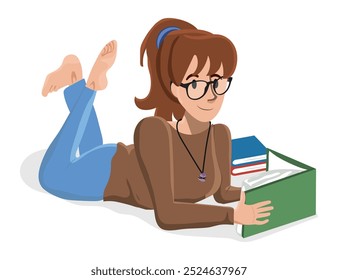 Young woman lying and reading books at home. Student studying and preparing for exam with textbooks. Female reader with literature. Flat vector illustration of bookworm isolated on white background.