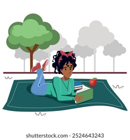 Young woman lying and reading books in the park. Student studying and preparing for exam with textbooks. Reader enjoying a literature book. Flat vector illustration.