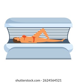 Young woman is lying in tanning booth enjoying uv light for perfect skin tan