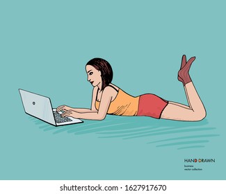 Young woman lying and working with laptop. Hand drawn sketch illustration