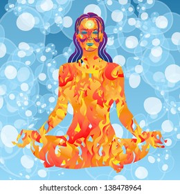 Young woman made of fire meditates on blue water with air bubbles background vector illustration
