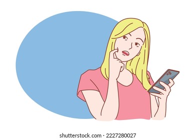 The young woman made a questioning look at the speech bubble in her hand, holding a phone. Vector illustration.