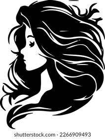 Young woman with magical hair outline only, silhouette, girl, woman, hairstyle, vector