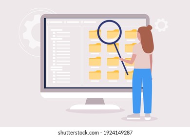 Young Woman with Magnifier Look. Choice files, documents concept. Colorful flat vector drawing.