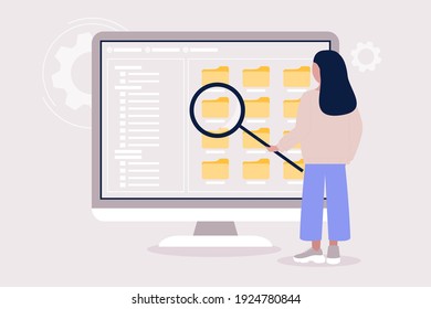 Young Woman with Magnifier Look. Choice files, documents concept. Colorful flat vector drawing.