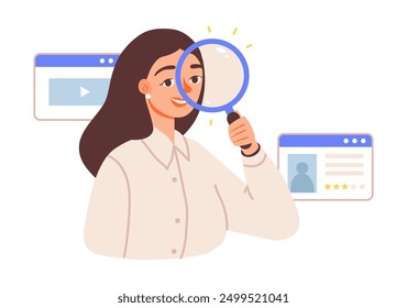 Young woman with a magnifying glass. Business search concept. Flat vector illustration isolated on black background.