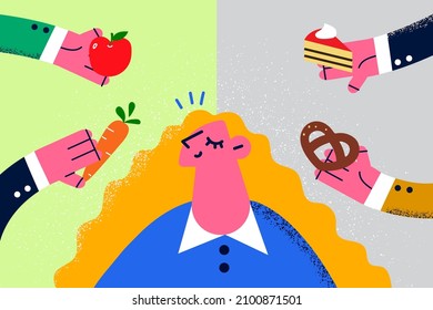 Las mujeres jóvenes eligen entre alimentos saludables y no saludables. Las chicas piensan en lo bueno y lo malo para los productos saludables. Nutrición y comida basura. La dieta y el bienestar. Ilustración vectorial. 