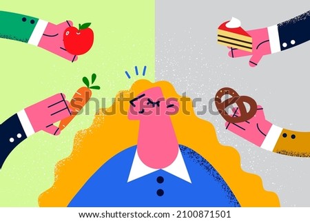 Young woman make choice between healthy and unhealthy food. Girl think consider good and bad for healthy products. Nutrition and junk eating. Diet and wellness. Vector illustration. 