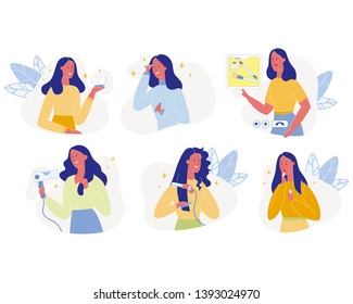 Young Woman Make Up and Hairstyle Set Isolated on White Background. Female Character Makeup her Face with Mascara, Lipstick and Powder, Making Hair Style with Dryer. Cartoon Flat Vector Illustration