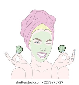 Young woman makes face mask, self care girl.