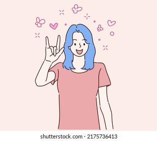 Young woman makes love sign, shapes heart with fingers. Hand drawn in thin line style, vector illustrations.