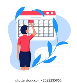The young woman makes a note on the calendar. Vector illustration flat design. Cartoon style. Mockup of page.