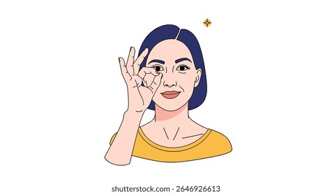 Young Woman Makes an OK Gesture With Her Fingers While Looking Through the Opening With a Smile