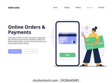 A young woman makes online payment on her phone. Easy and fast order and payment in online store. Vector flat illustration for landing page, or web banner.