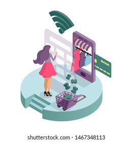 A young woman makes a purchase in the online store of women's clothing. Isometric 3D icon. Infographics. Illustration of payment by card. Virtual catalog. Isolated composition of objects on a white