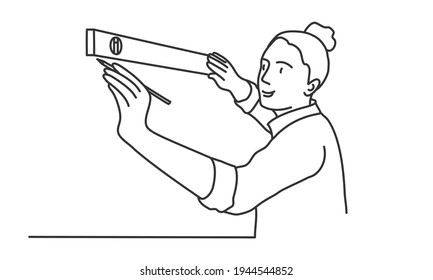 Young woman makes repairs. Hand drawn vector illustration.