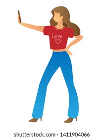 Young woman makes selfie. The girl in the red top with the inscription love and blue jeans takes pictures of herself on the camera of the smartphone. Vector flat illustration on white background.