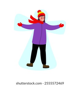 A young woman makes a snow angel. The girl spends time at winter activities. Cartoon flat vector illustration