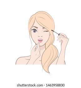 Young Woman Makes Up. Cosmetic. Beauty, Makeup. Healthy. Vector illustration in cartoon style