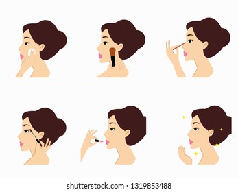 Young Woman Makes Up With Various Actions Set, Facial, Treatment, Beauty, Cosmetic, Makeup, Healthy, Lifestyle 