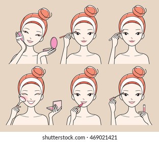 Young Woman Makes Up With Various Actions Set, Facial, Treatment, Beauty, Cosmetic, Makeup, Healthy, Lifestyle