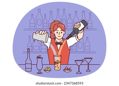 Young woman making cocktails at bar. Happy female barmen mix alcohol preparing beverage or drink in restaurant. Vector illustration.