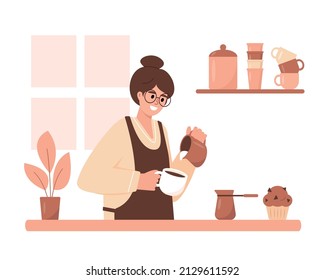 Mujer joven haciendo café con leche en la cocina en casa. Personaje barista que trabaja en una cafetería. Ilustración vectorial plana o cartográfica.