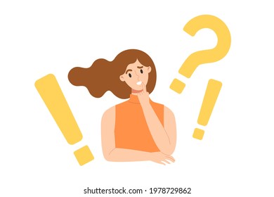 Young woman making curious face with big question marks and exclamation marks. Concept of wondering, doubt face expression, Q and A sign banner, confusion. Flat vector illustration character. 