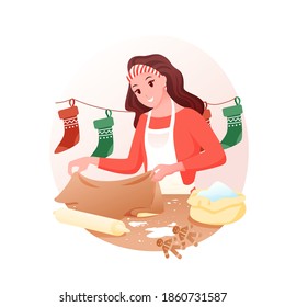 Young woman is making handmade ginger cookies, Christmas baking, Merry Christmas, winter holidays at home