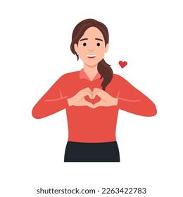 Young woman making heart shape with hands. Happy cute young beatiful making heart shape with hands standing. Love concept. Flat vector illustration isolated on white background