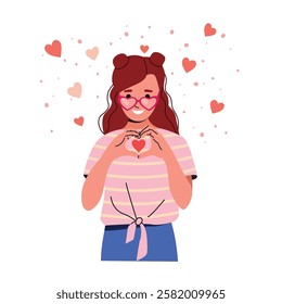 Young  woman making heart shape with hands. Vector flat style illustration