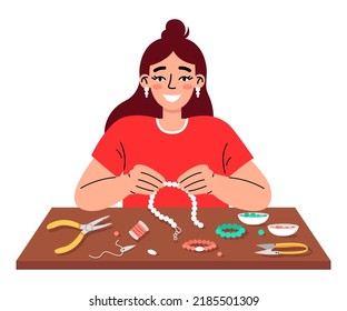 	
Young woman making jewelry from beads. Craft handmade hobby. Beading concept.