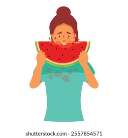 Young woman making mess while enjoying eating slice of ripe watermelon, summer time, healthy eating concept